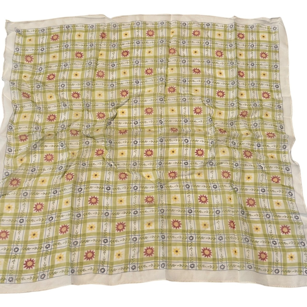Cejon Silk Scarf Green White Plaid Sunflower Floral Square Printed Korea Y2K 90s